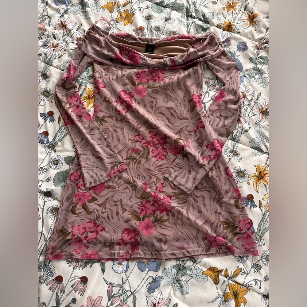Urban Outfitters Pink Floral Mesh Off-Shoulder Mini Dress S